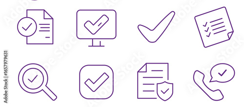Collection of purple line icons symbolizing verification and approval across various digital and administrative tasks.