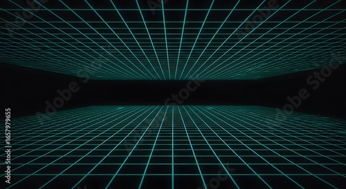 Symmetrical RetroFuturistic Cyan Grid Planes Creating an Infinite Digital Tunnel.