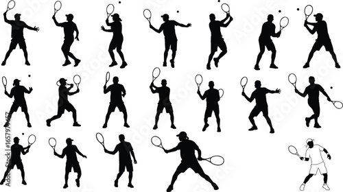Tennis player silhouette icon set with 18 black poses for swings, serves, volleys, and match action