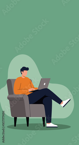A man comfortably uses a laptop in an armchair, depicting remote work, online learning, or leisurely digital activity from home. Ideal for lifestyle and technology concepts.
