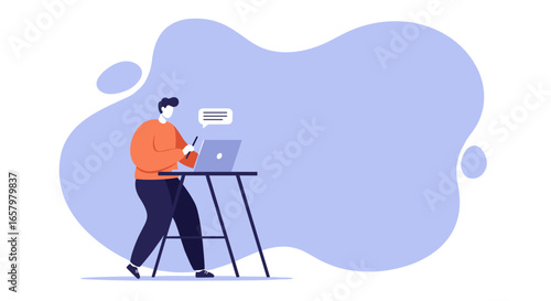 Man using a stylus on a laptop at a standing desk, symbolizing modern remote work, digital communication, and creative productivity.
