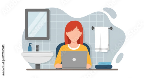 Woman works remotely on laptop from a bathroom, symbolizing flexible work arrangements, home office challenges, or unique remote work scenarios.