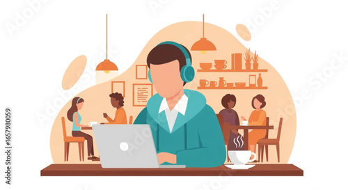 Focused person in headphones works on laptop at a vibrant cafe, enjoying coffee. Ideal for remote work, freelance, digital nomad, or casual business concepts.