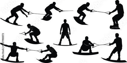 Wakeboarding silhouette icon set with 8 black figures in dynamic poses holding tow ropes and boards