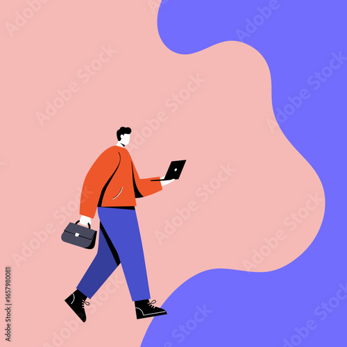 Modern professional walks confidently, multitasking with a laptop and briefcase. Represents mobile work, productivity, digital business, and connectivity.