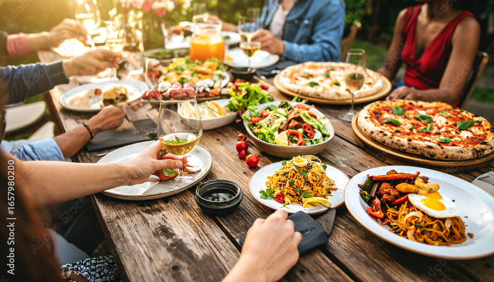 Obraz premium Friends and Family Enjoying a Variety of Delicious Food and Drinks at an Outdoor Celebration Table