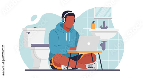 Focused young man in headphones working on laptop from a relaxed, unconventional home bathroom setup. Modern remote work lifestyle.