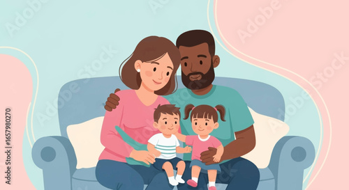 Happy diverse family with two children sitting comfortably on a sofa at home, embodying love, unity, and togetherness. Ideal for family, parenting, and lifestyle themes.