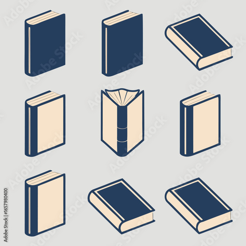 Nine Isometric Books In Two Tones On Gray Background Keywords: book, books, reading, literature
