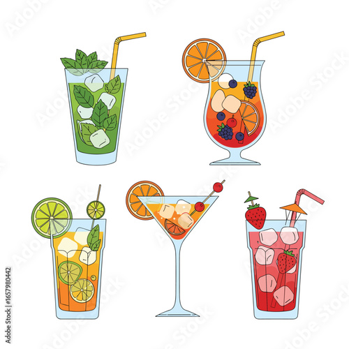 Refreshing collection of five colorful tropical fruit cocktails garnished with fresh mint citrus and berries in tall glasses and martini glass