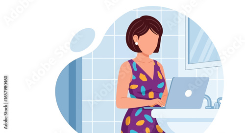 Woman in a vibrant dress working on her laptop from a modern bathroom, symbolizing remote work flexibility and convenience. Ideal for lifestyle and technology concepts.