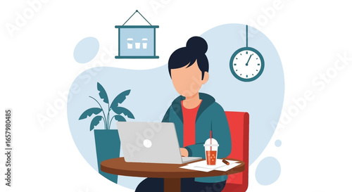 Woman working remotely on laptop at a cafe or home office, illustrating modern flexible work, productivity, and digital lifestyle.