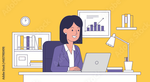 Professional woman happily working on laptop at her modern office desk, surrounded by business charts and organized files. Concepts: productivity, success, financial growth.