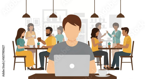 Person focused on laptop in a bustling cafe, illustrating remote work, flexible lifestyle, and productivity in a public setting. Concepts of digital nomad and modern business.
