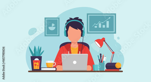Young person with headphones focused on laptop, working from home or engaging in online learning. Concept of remote work, education, or freelancing.