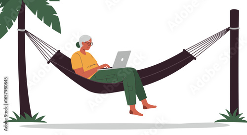 Elderly woman relaxing in a hammock while working on a laptop, symbolizing remote work, digital nomad lifestyle, and peaceful retirement.