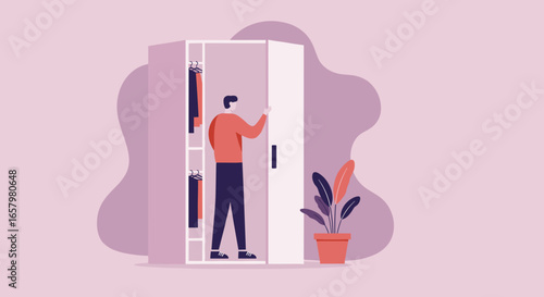 Man standing in front of an open wardrobe, selecting clothes for the day. Represents daily routine, fashion, and personal style.