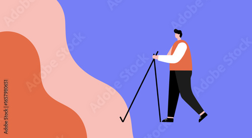 Minimalist illustration of a person engaged in Nordic walking or hiking, representing healthy outdoor activity, progress, and an active lifestyle journey.