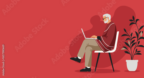 Elderly man focused on laptop, symbolizing digital engagement, remote work, and modern learning for seniors in a comfortable home or office setting.