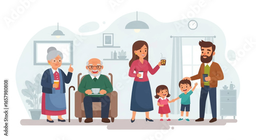 Happy multi-generational family enjoying quality time together at home, showcasing love, care, and intergenerational bonding. Ideal for family-focused concepts.