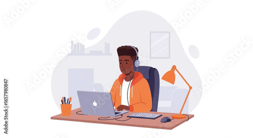 Young man with headphones working on laptop at home office desk. Ideal for remote work, online education, or modern digital lifestyle concepts.