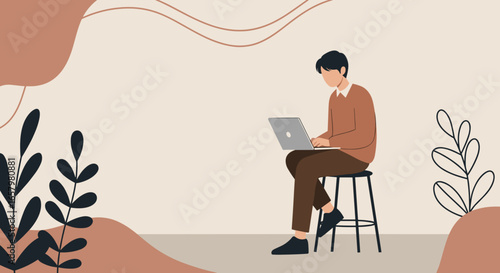 Young man focused on his laptop, working or learning in a modern, minimalist environment. Ideal for remote work, education, or digital lifestyle concepts.