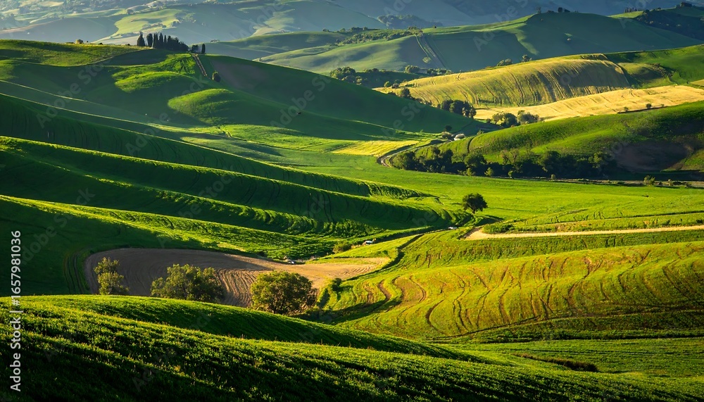 Fototapeta premium Lush green hills and rolling fields, showcasing a tranquil countryside landscape.