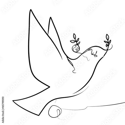 Minimalist Dove with Olive Branch and Earth, Line Art Illustration