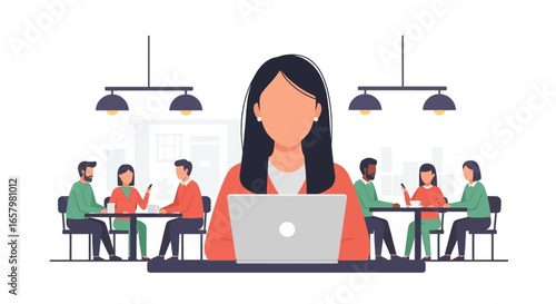 Productive woman working remotely on laptop in a bustling cafe. Represents flexible work, business, technology, and lifestyle.