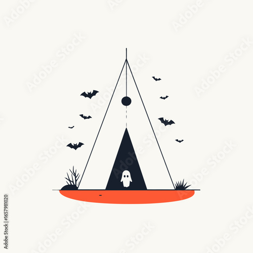Minimalist Halloween Illustration Featuring a Ghost Inside a Dark Tent