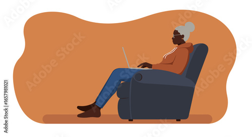 Older Black woman relaxes in a recliner at home, using her laptop for leisure or remote work. Represents comfortable modern living, connectivity, and retirement.