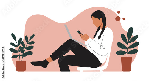 Woman multitasking with laptop and smartphone in a relaxed home setting, ideal for concepts of remote work, digital communication, and online productivity.