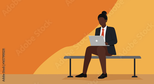 Professional person works on laptop, sitting on a bench against an orange background. Ideal for business, technology, or remote work concepts.