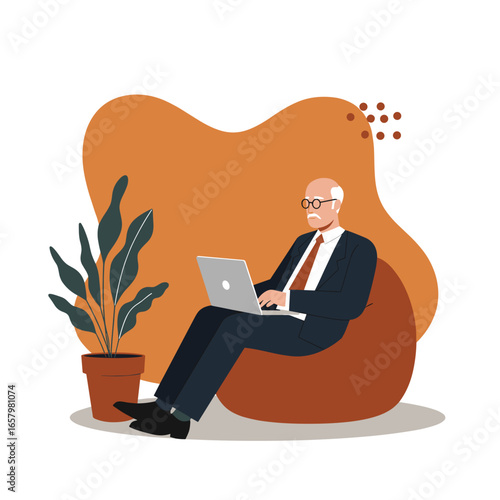Professional senior man working on a laptop in a relaxed, modern setting. Represents flexible work, digital engagement, or lifelong learning.