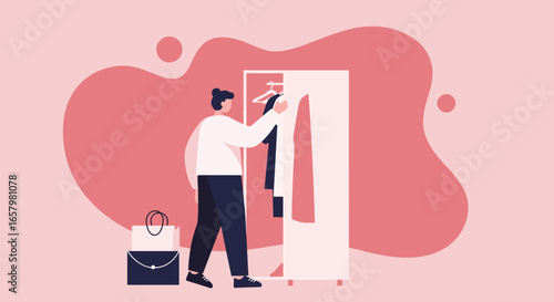 Person choosing clothes from a fashion rack, with shopping bags, symbolizing shopping, personal style, retail, and wardrobe organization. Lifestyle concept.