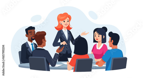 Diverse business team collaborating in a meeting. Female leader presents ideas, fostering communication and teamwork for corporate strategy.