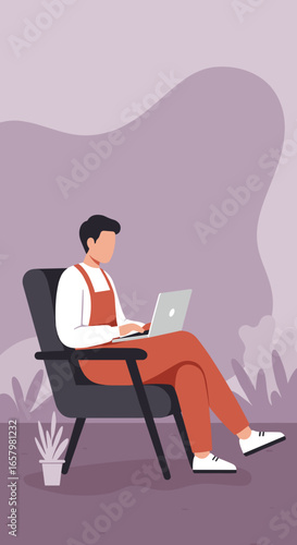 A focused man works remotely on his laptop from a comfortable chair, embodying modern productivity, flexible work, and lifestyle. Ideal for business, technology, and freelance concepts.