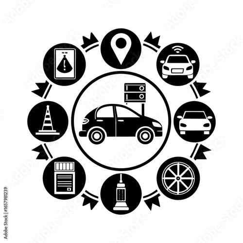 Car and road safety icons arranged in a circle with car, gps, wheel, and warning sign displayed