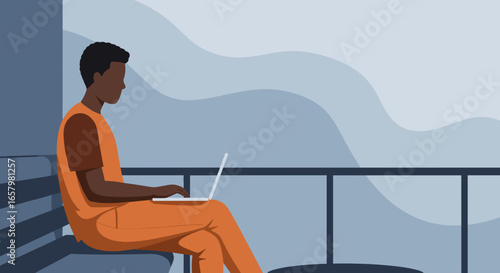 Young man working remotely on a laptop outdoors on a balcony. Ideal for concepts of flexible work, digital nomad, and modern lifestyle.