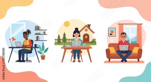 Diverse people working or studying remotely from comfortable home environments, illustrating modern flexible work and lifestyle concepts.