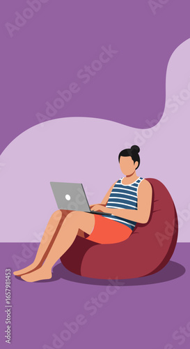 Relaxed person in comfortable clothing works on laptop, embodying remote work, freelance, or online learning. Modern lifestyle.