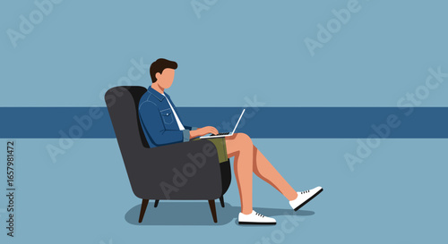 Man casually works on laptop in a comfortable armchair, embodying remote work, digital lifestyle, and flexibility. Ideal for business, technology, and leisure themes.