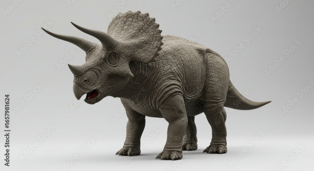 Fototapeta premium Gray Triceratops standing alert against a light gray background