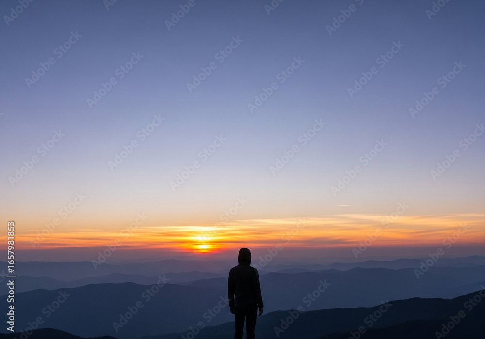 A lone hiker stands silhouetted against a vibrant sunset over a mountain range, embodying freedom and adventure in natures embrace A lone hiker stands silhouetted against a vibrant sunset over a mountain range, embodying freedom and adventure in natures embrace
