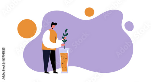 Man nurturing a plant in a glass, symbolizing growth, sustainability, and environmental care. Ideal for business, ecology, or lifestyle themes.