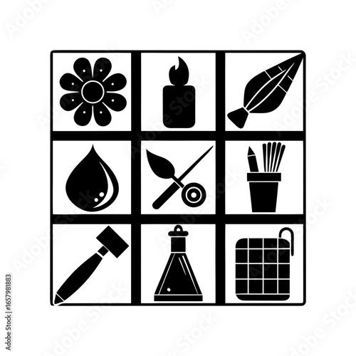 Collection of artistic and creative tools arranged in a nine square grid in black and white color scheme