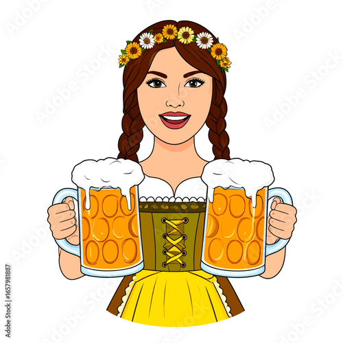 Oktoberfest Girl Holding Two Beer Mugs with Foam and Wearing Traditional Dress
