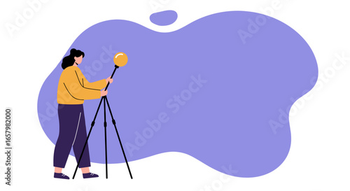Person setting up a studio light on a tripod, symbolizing content creation, photography, or creative production. Ample copy space for text.