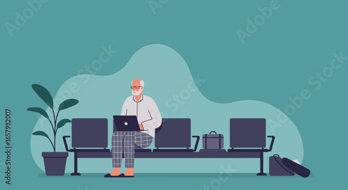 Senior man working on laptop in a tranquil public waiting area. Ideal for concepts of remote work, travel, and modern retirement.