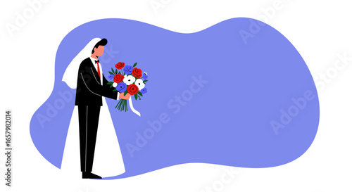Wallpaper Mural A groom in a suit and veil holds a vibrant bouquet, symbolizing love, commitment, and modern weddings. Ideal for invitations or romance concepts. Torontodigital.ca